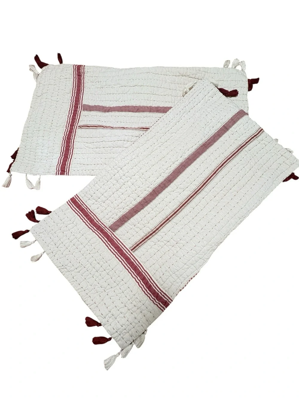 Pottery Barn Nellie Quilted King Shams Pair Ticking Stripe Tassel Boho Set
